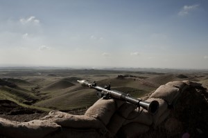 A rocket launcher belonging to Peshmerga soldiers on the frontline in Kirkuk looking out towards Iraqi army positions in the valley below.